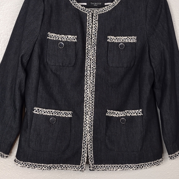 NWT Talbots Petite Tweed Fringe Denim Lined Patch Pockets Business Blazer Sz 8P - Picture 5 of 15